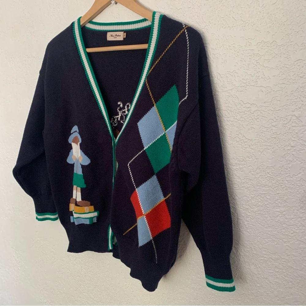 Miss Patina Russell Campus Academia Argyle Preppy Classic Cardigan Sweater - Picture 9 of 17